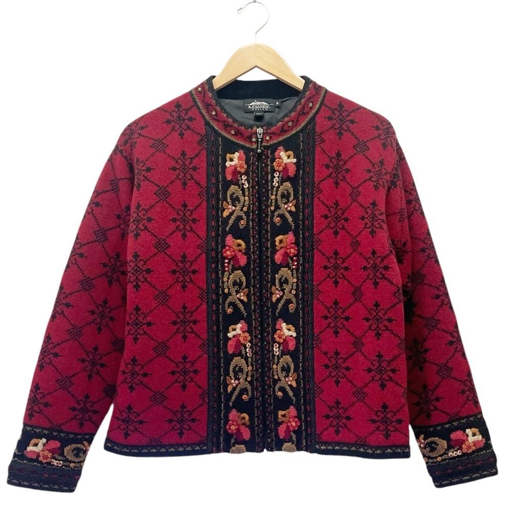 Vintage Icelandic Design Wool Zip Front Cardigan Jacket Red Black Size Medium